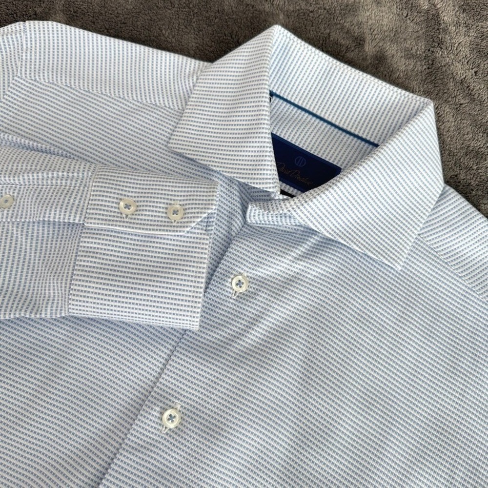 David Donahue Men's Trim Fit Dress Shirt 15.5 32/33 Blue White Micro Check